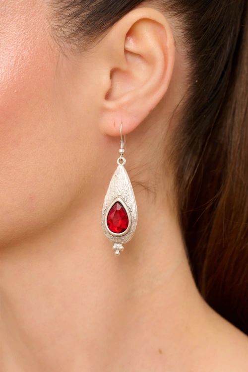Kiraz Burgundy Crystal Stoned Silver Plated Earring