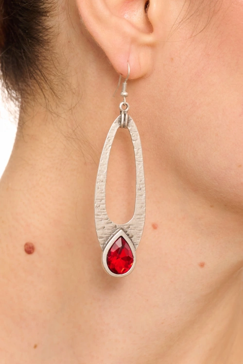 Kiraz Burgundy Crystal Stoned Silver Plated Earring
