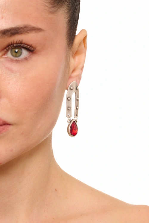 Kiraz Burgundy Crystal Stoned Silver Plated Earring