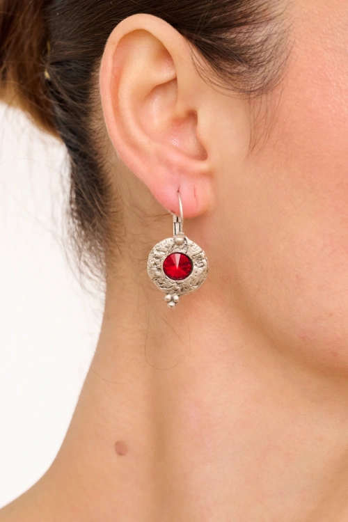 Kiraz Burgundy Crystal Stoned Silver Plated Earring