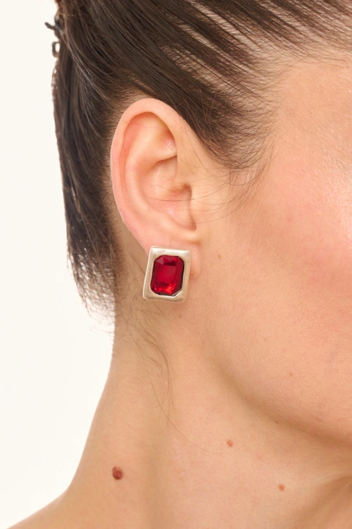 Kiraz Burgundy Crystal Stoned Silver Plated Earring