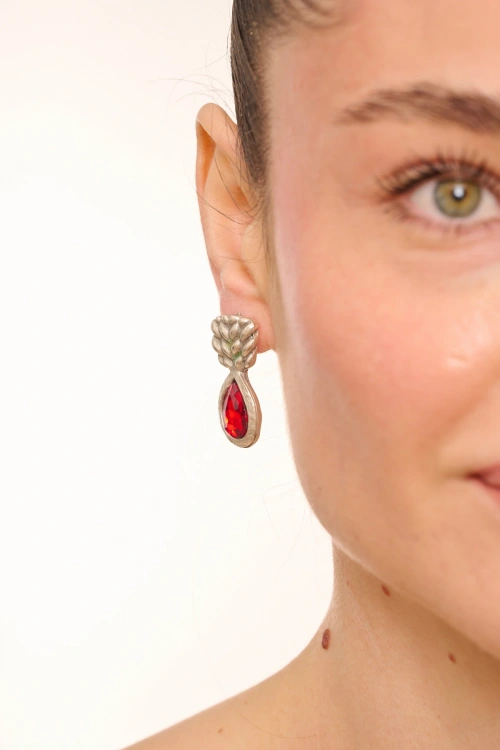 Kiraz Burgundy Crystal Stoned Silver Plated Earring