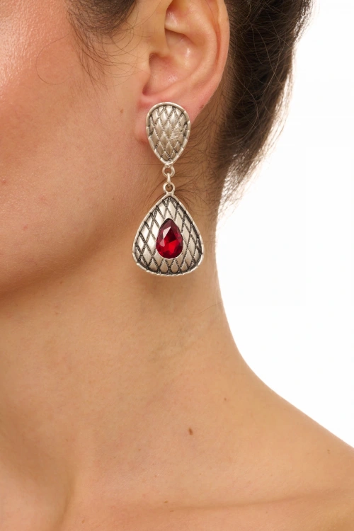 Kiraz Burgundy Crystal Stoned Silver Plated Earring