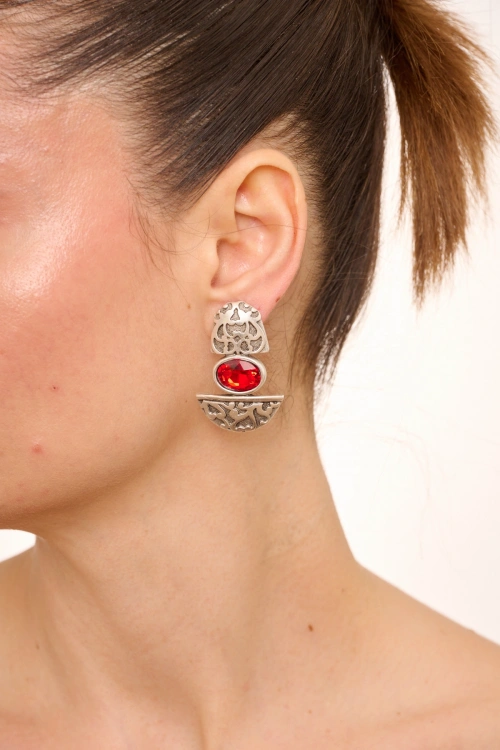 Kiraz Burgundy Crystal Stoned Silver Plated Earring