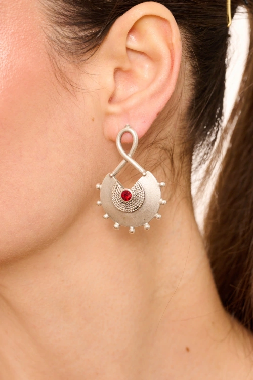 Kiraz Burgundy Crystal Stoned Silver Plated Earring