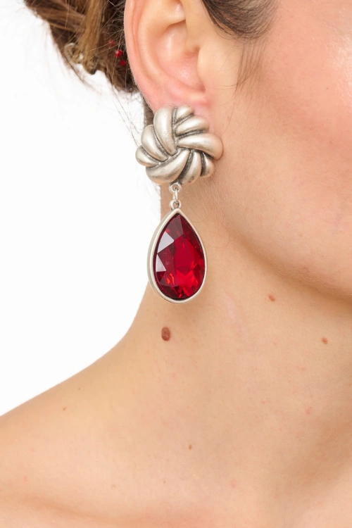 Kiraz Burgundy Crystal Stoned Silver Plated Earring