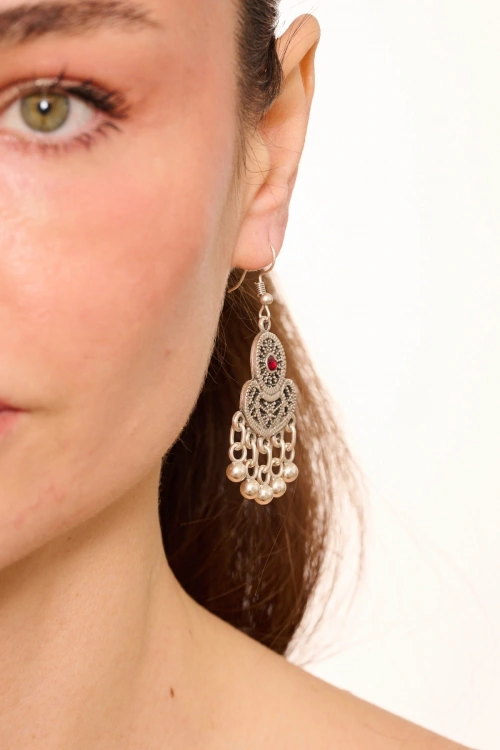 Kiraz Burgundy Crystal Stoned Silver Plated Earring