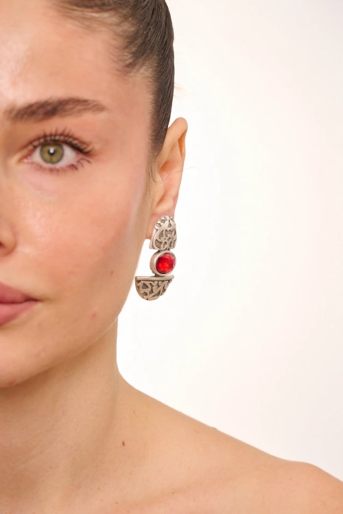 Kiraz Burgundy Crystal Stoned Silver Plated Earring