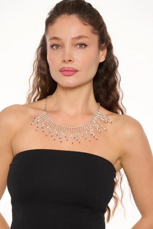 Kiraz Burgundy Crystal Stoned Silver Plated Lightning Necklace