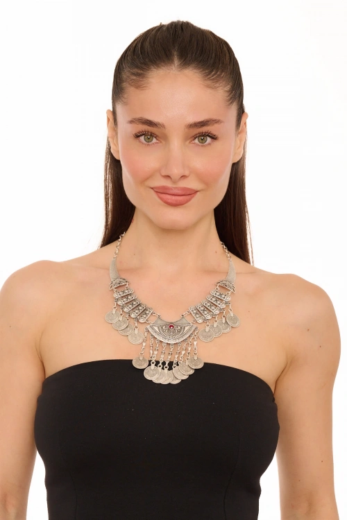 Kiraz Burgundy Crystal Stoned Silver Plated Necklace