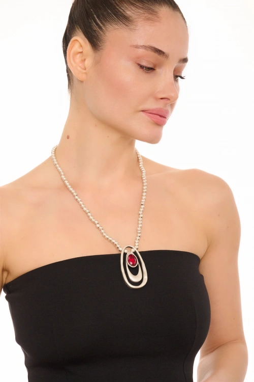 Kiraz Burgundy Crystal Stoned Silver Plated Necklace