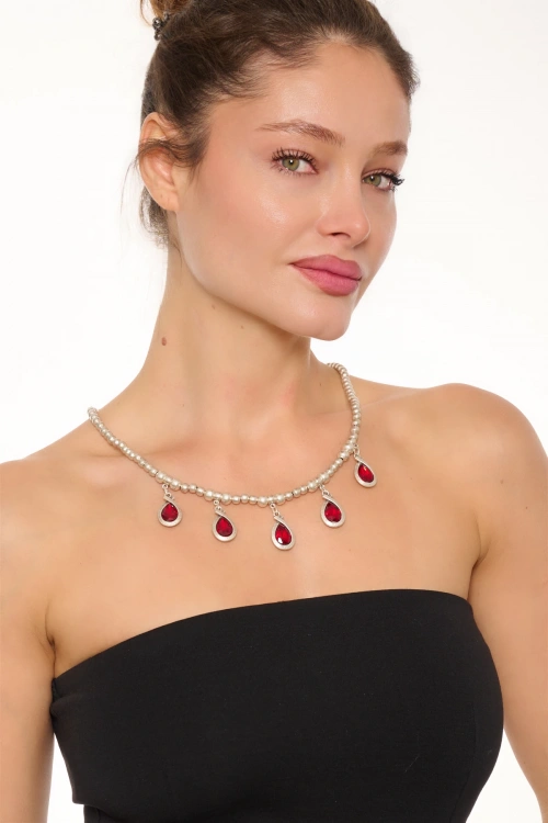 Kiraz Burgundy Crystal Stoned Silver Plated Necklace