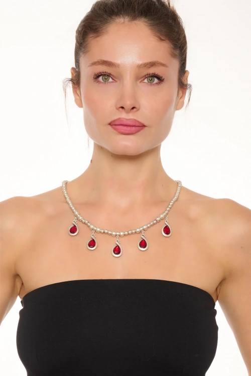 Kiraz Burgundy Crystal Stoned Silver Plated Necklace