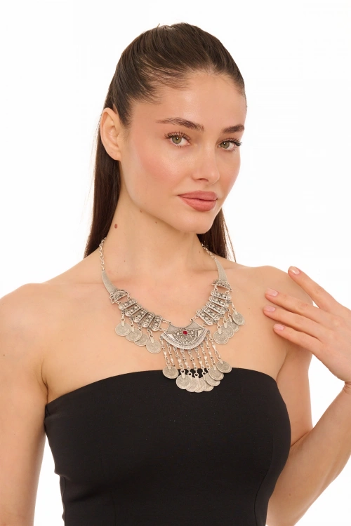 Kiraz Burgundy Crystal Stoned Silver Plated Necklace