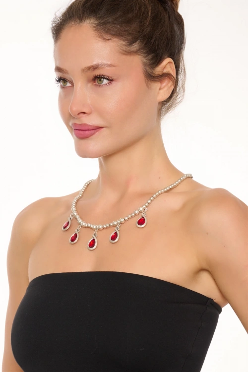 Kiraz Burgundy Crystal Stoned Silver Plated Necklace