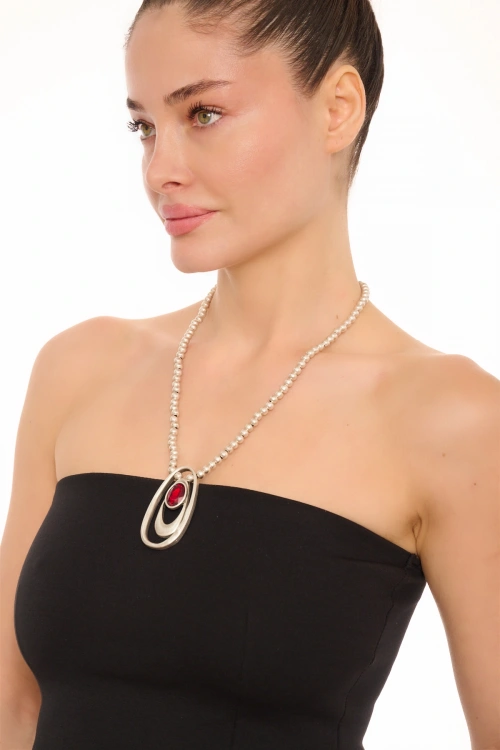 Kiraz Burgundy Crystal Stoned Silver Plated Necklace