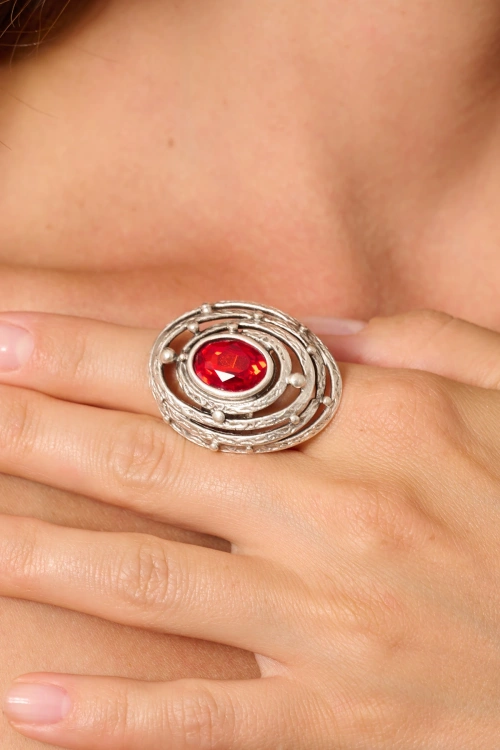 Kiraz Burgundy Crystal Stoned Silver Plated Ring