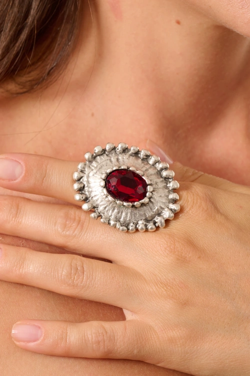 Kiraz Burgundy Crystal Stoned Silver Plated Ring
