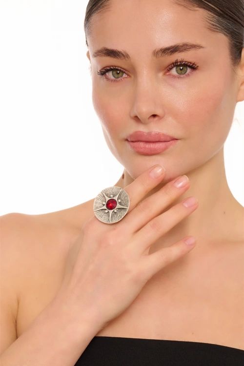 Kiraz Burgundy Crystal Stoned Silver Plated Ring