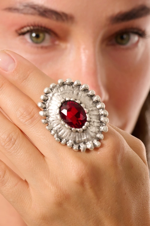 Kiraz Burgundy Crystal Stoned Silver Plated Ring