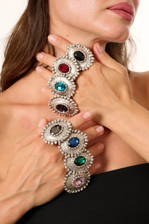 Kiraz Burgundy Crystal Stoned Silver Plated Ring