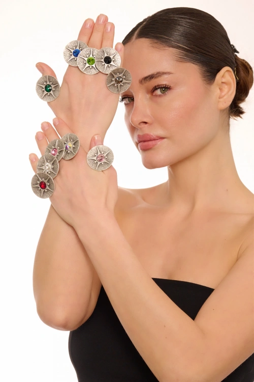 Kiraz Burgundy Crystal Stoned Silver Plated Ring