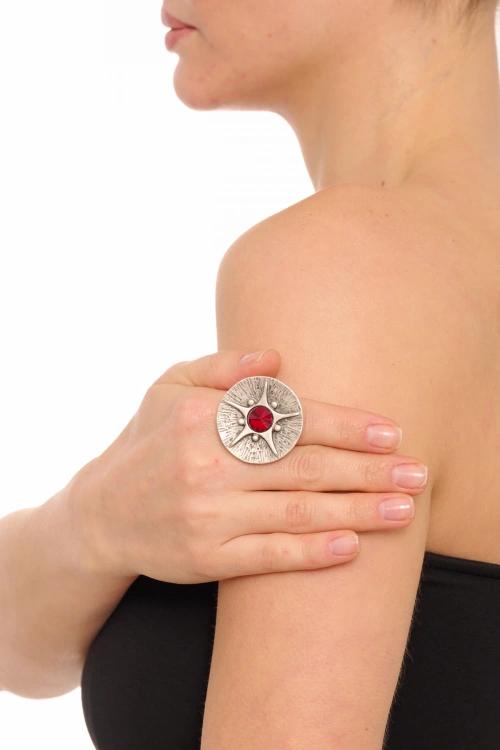 Kiraz Burgundy Crystal Stoned Silver Plated Ring