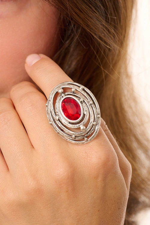 Kiraz Burgundy Crystal Stoned Silver Plated Ring