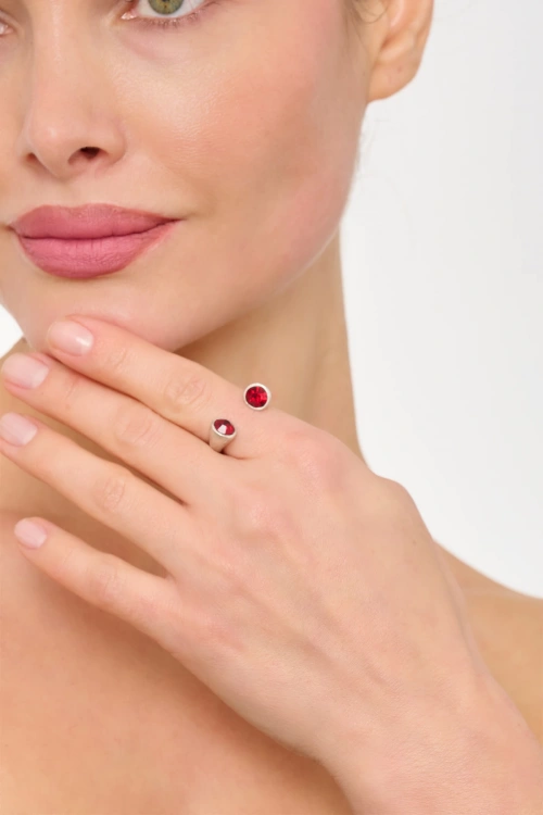 Kiraz Burgundy Crystal Stoned Silver Plated Ring