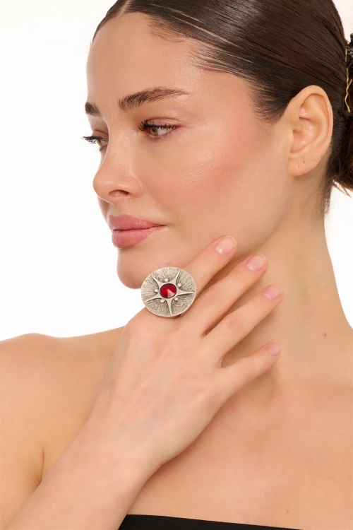 Kiraz Burgundy Crystal Stoned Silver Plated Ring