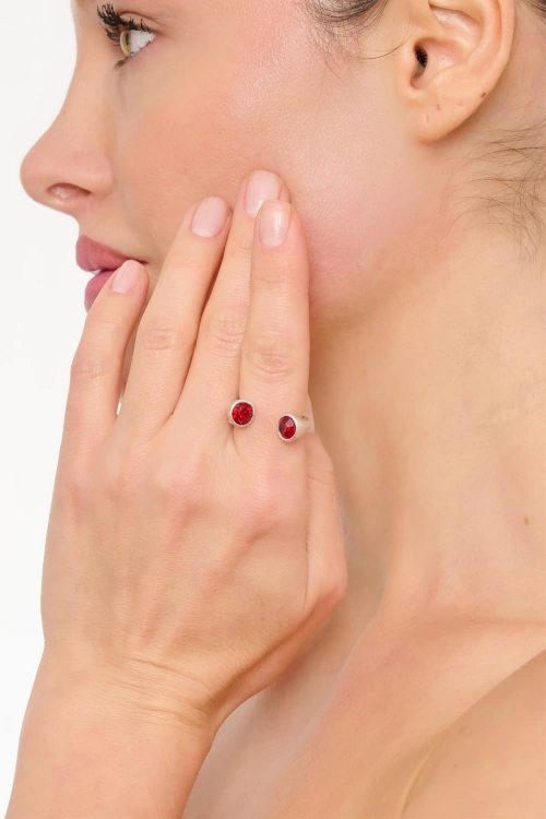 Kiraz Burgundy Crystal Stoned Silver Plated Ring