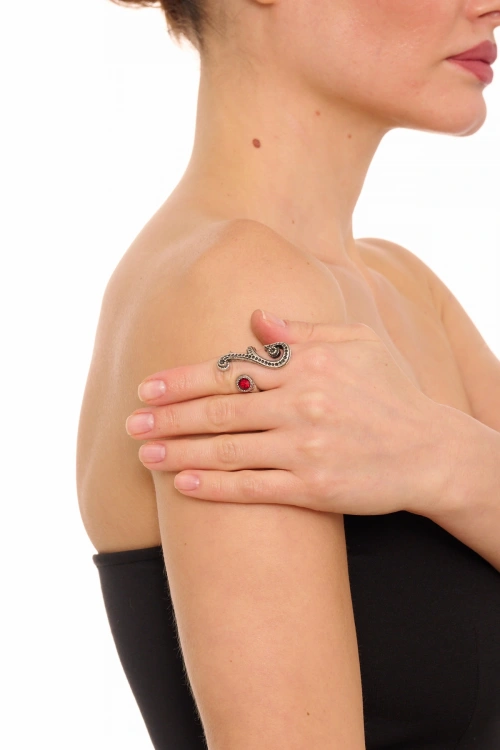 Kiraz Burgundy Crystal Stoned Silver Plated Ring