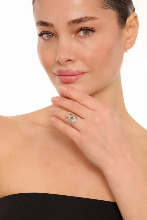 Kiraz Burgundy Crystal Stoned Silver Plated Ring