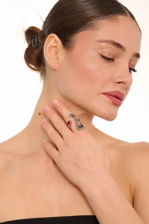 Kiraz Burgundy Crystal Stoned Silver Plated Ring