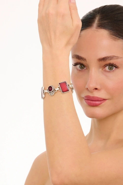 Kiraz Burgundy Enameled Silver Plated Bracelet