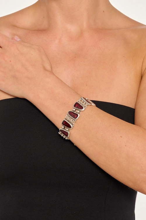 Kiraz Burgundy Enameled Silver Plated Bracelet