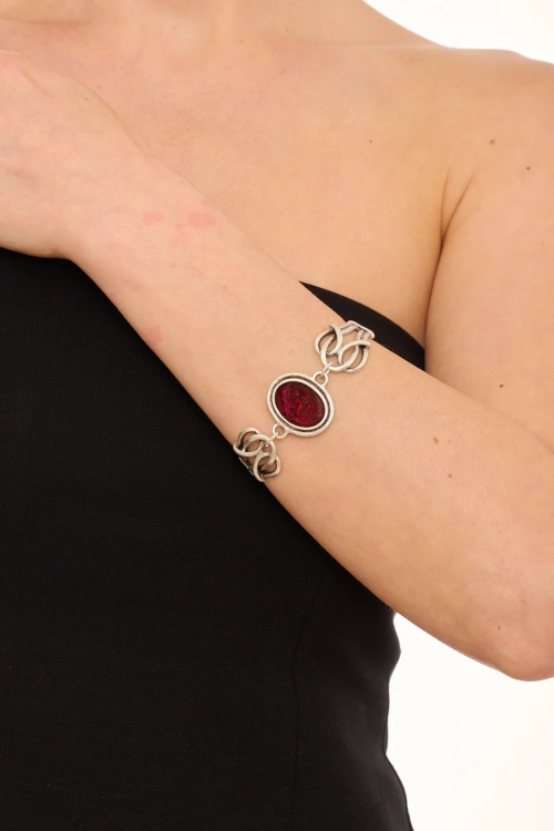 Kiraz Burgundy Enameled Silver Plated Bracelet