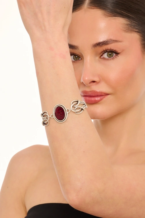 Kiraz Burgundy Enameled Silver Plated Bracelet