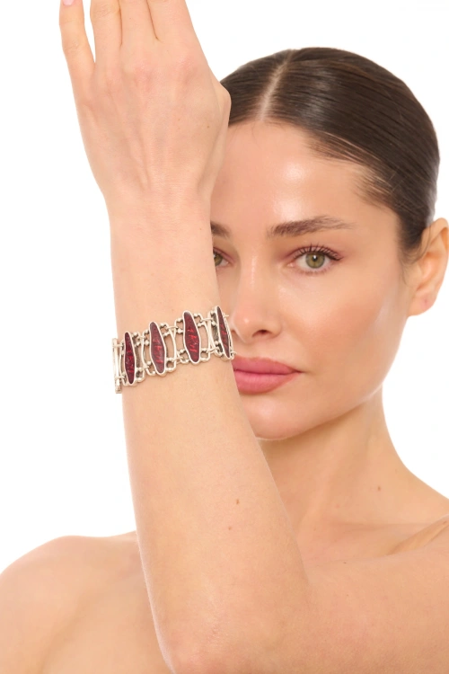 Kiraz Burgundy Enameled Silver Plated Bracelet