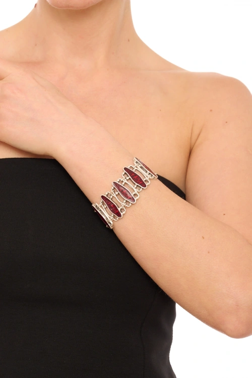 Kiraz Burgundy Enameled Silver Plated Bracelet
