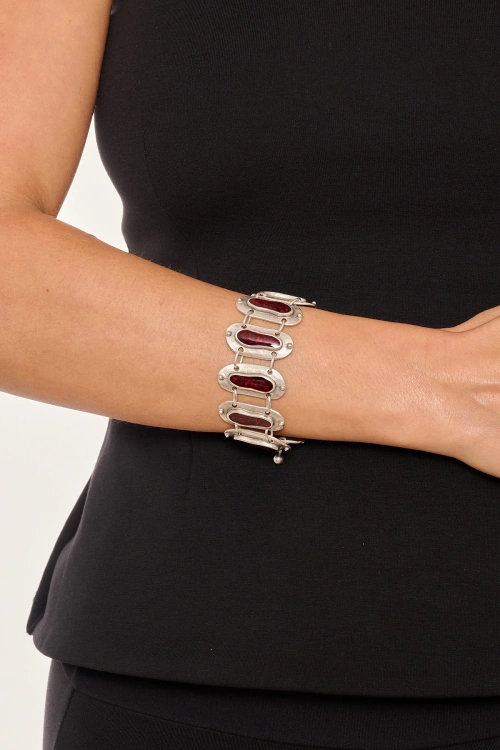 Kiraz Burgundy Enameled Silver Plated Bracelet