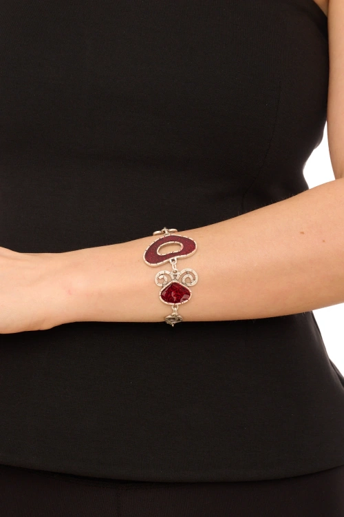 Kiraz Burgundy Enameled Silver Plated Bracelet