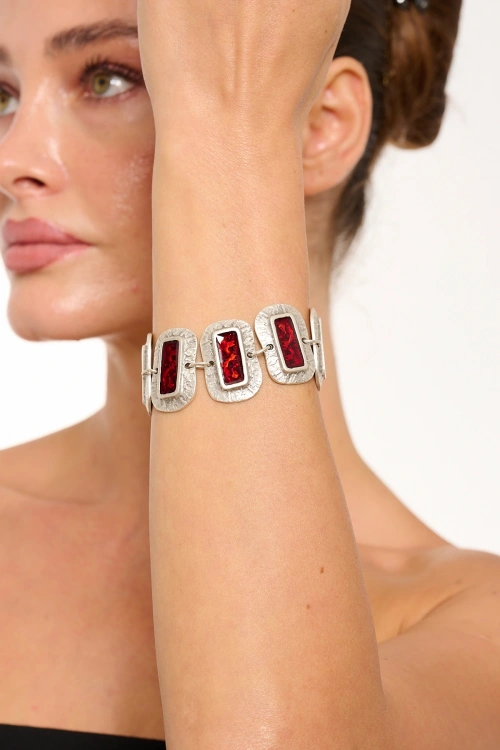 Kiraz Burgundy Enameled Silver Plated Bracelet