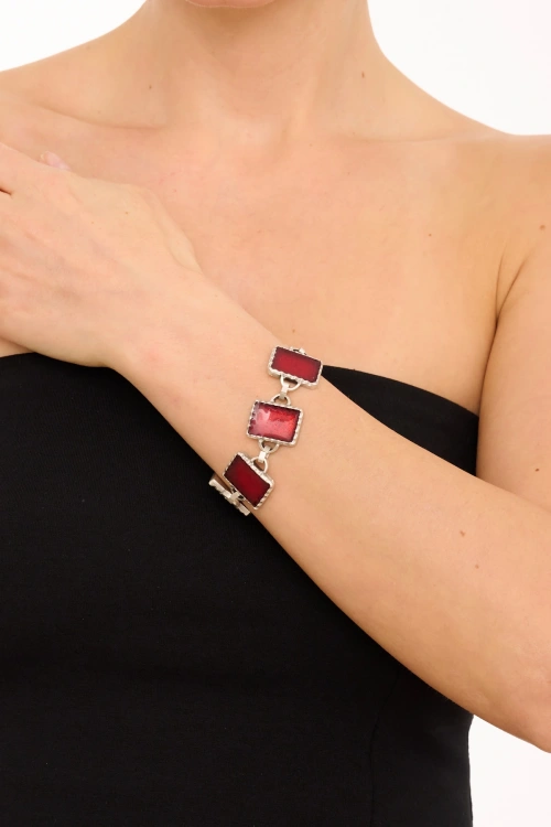 Kiraz Burgundy Enameled Silver Plated Bracelet