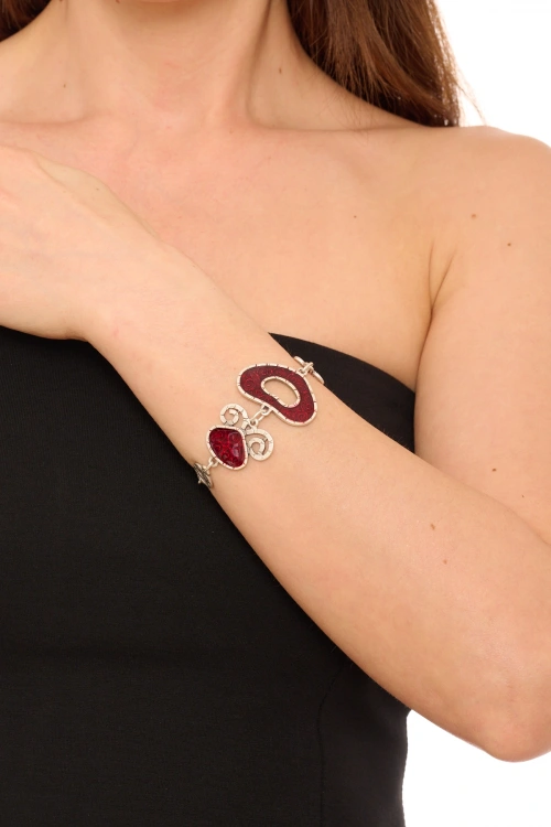 Kiraz Burgundy Enameled Silver Plated Bracelet