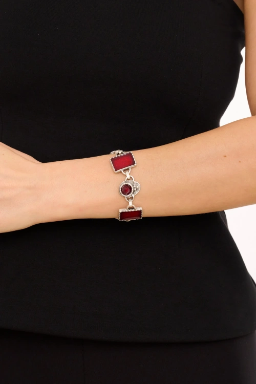 Kiraz Burgundy Enameled Silver Plated Bracelet