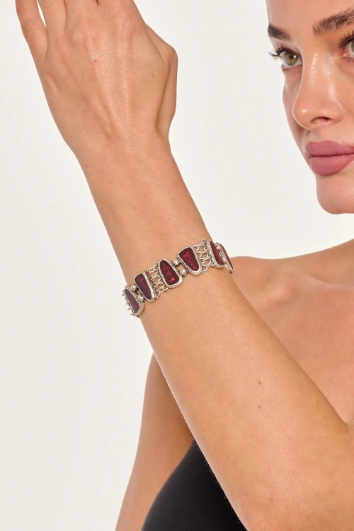 Kiraz Burgundy Enameled Silver Plated Bracelet