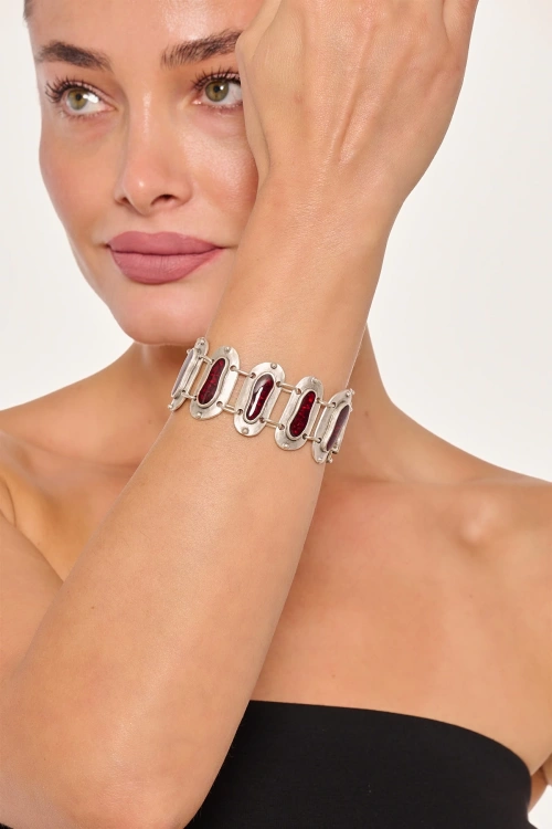 Kiraz Burgundy Enameled Silver Plated Bracelet