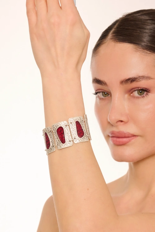 Kiraz Burgundy Enameled Silver Plated Bracelet