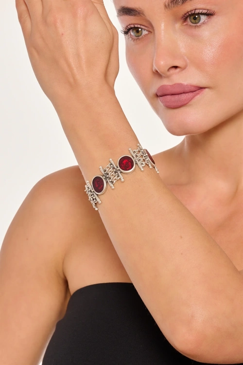 Kiraz Burgundy Enameled Silver Plated Bracelet